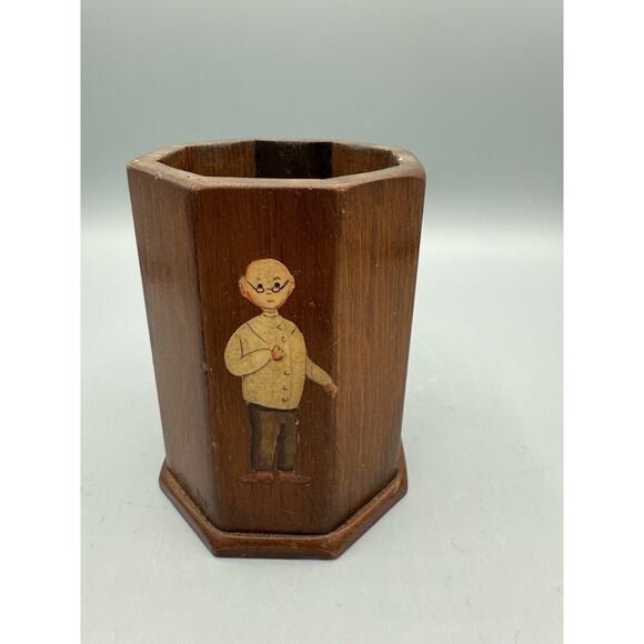 “Vintage Wooden Octagon Pencil Holder Desk Organizer – Hand Painted Folk Art - Picture 2 of 8